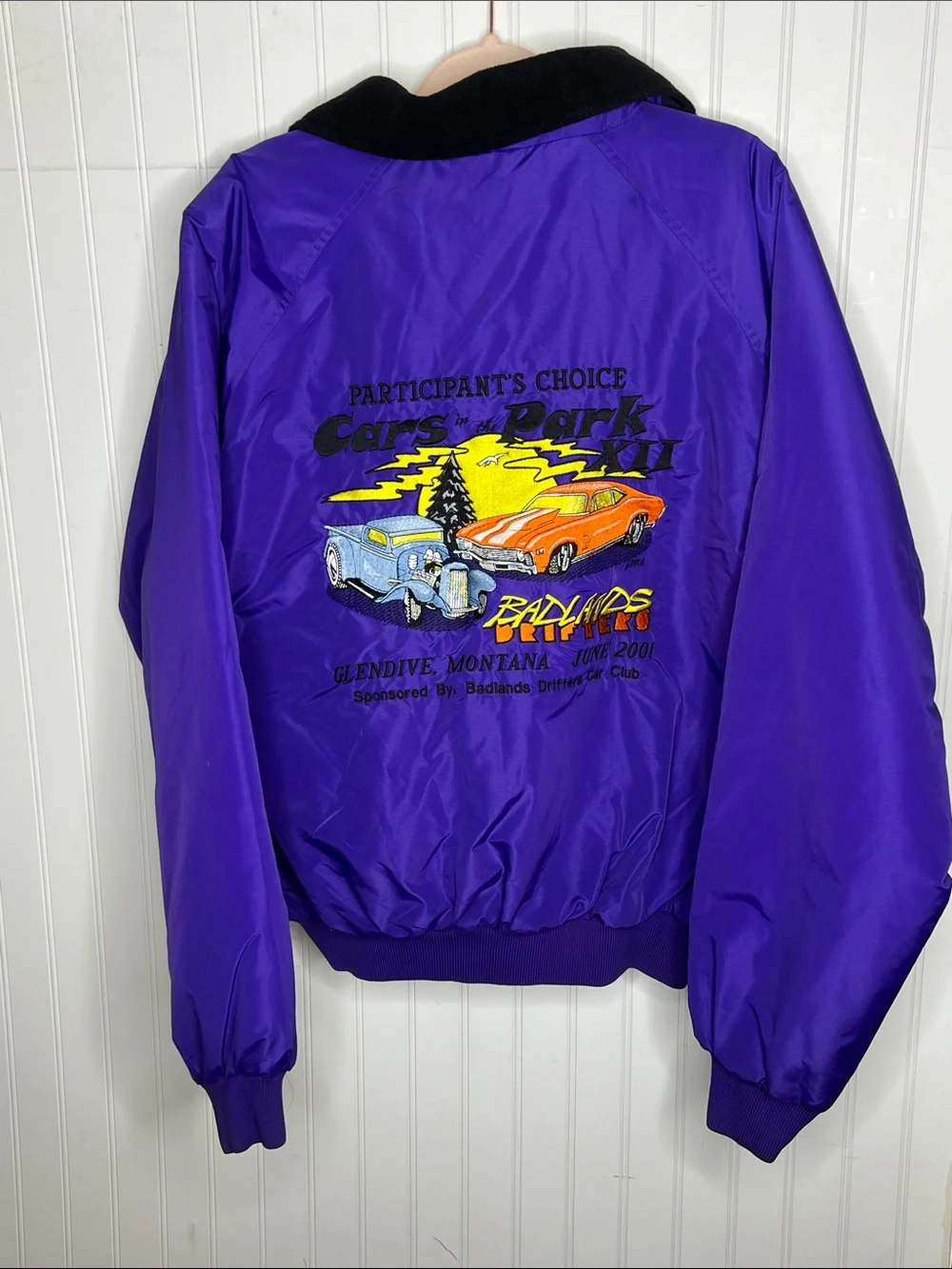 Purple Bomber Jacket with Vintage Car Embroidery